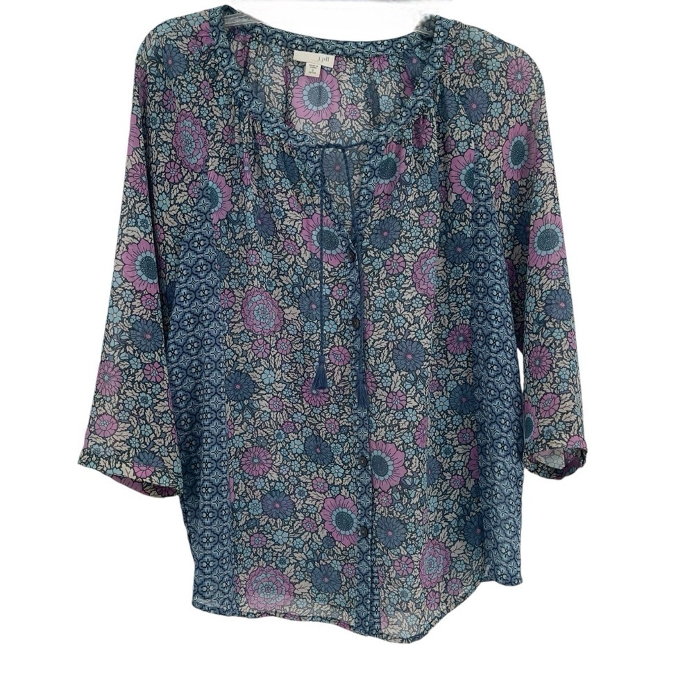 J. Jill Blue Floral Print Tassel Tie Peasant Top Size Small Petite button front